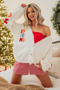 "Ho Ho Ho" Mello Christmas Patch Cardigan (Ivory) - NanaMacs