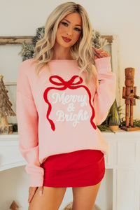 "Merry & Bright" Embroidered Sweater (Light Pink) - NanaMacs