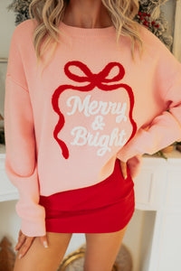 "Merry & Bright" Embroidered Sweater (Light Pink) - NanaMacs