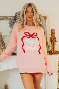 "Merry & Bright" Embroidered Sweater (Light Pink) - NanaMacs