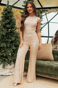 Pull It Together Sequin Sleeveless Wide Leg Jumpsuit (Rose Gold) - NanaMacs