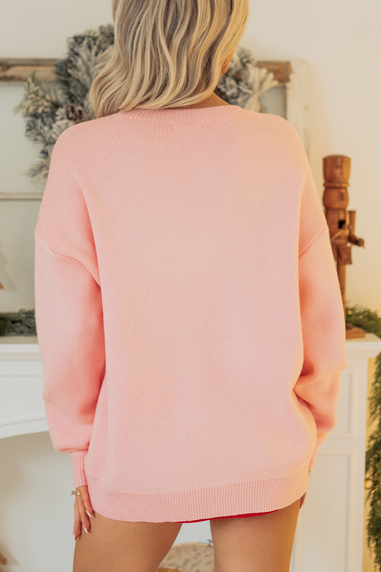 "Merry & Bright" Embroidered Sweater (Light Pink) - NanaMacs