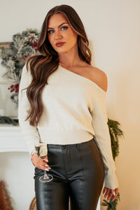 Shine Forever One-Shoulder Sequin Knit Sweater (Cream) - NanaMacs