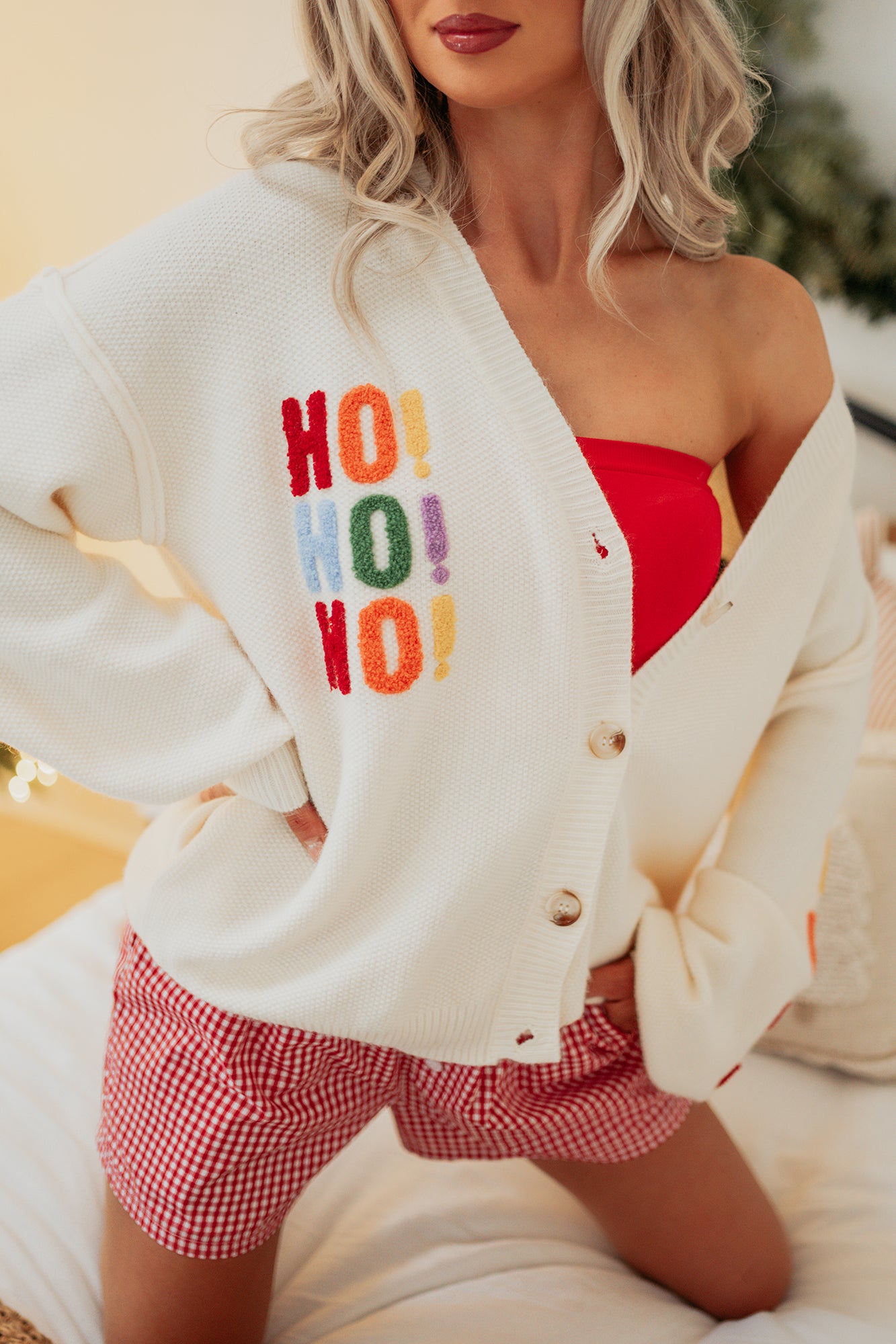 "Ho Ho Ho" Mello Christmas Patch Cardigan (Ivory) - NanaMacs