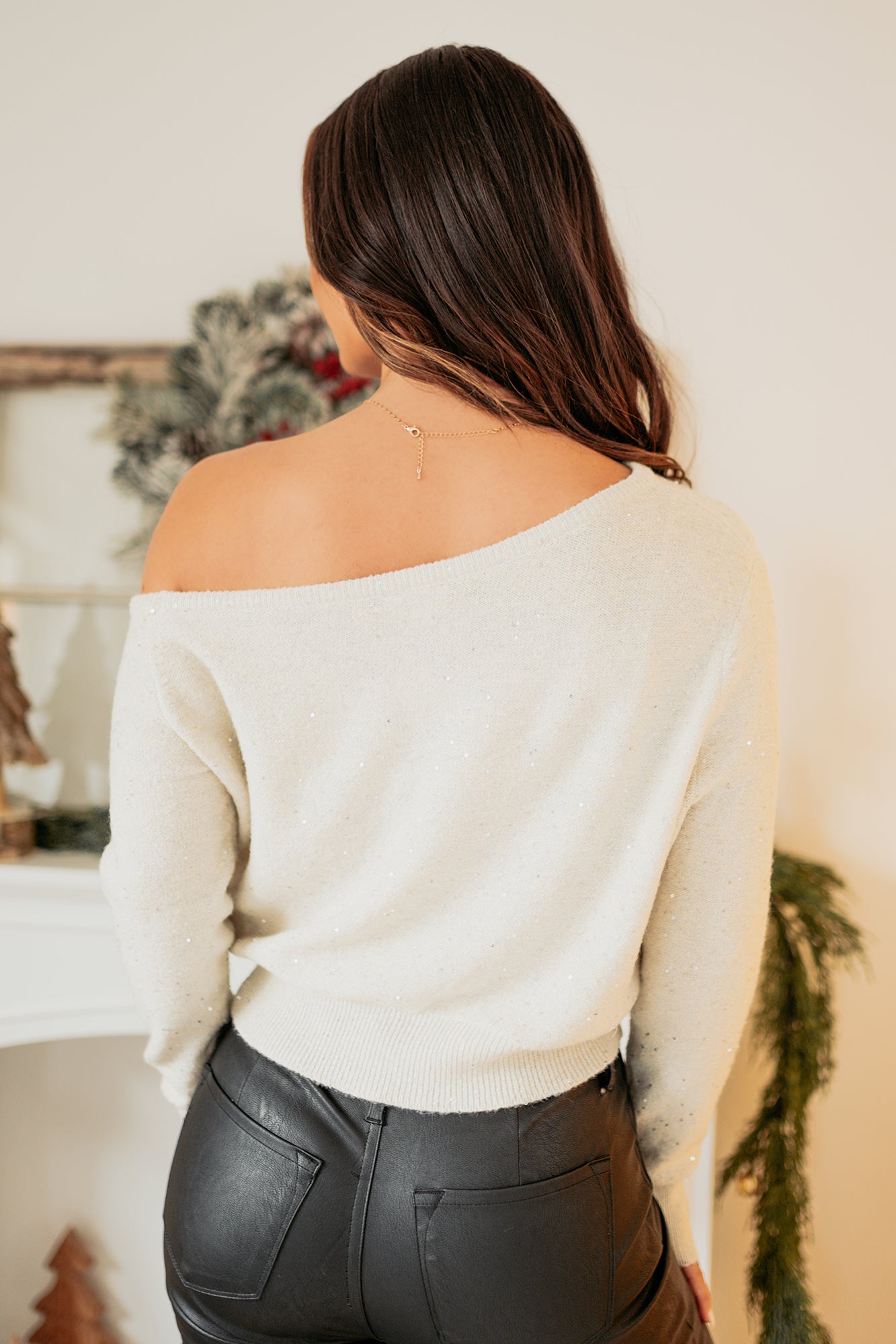 Shine Forever One-Shoulder Sequin Knit Sweater (Cream) - NanaMacs
