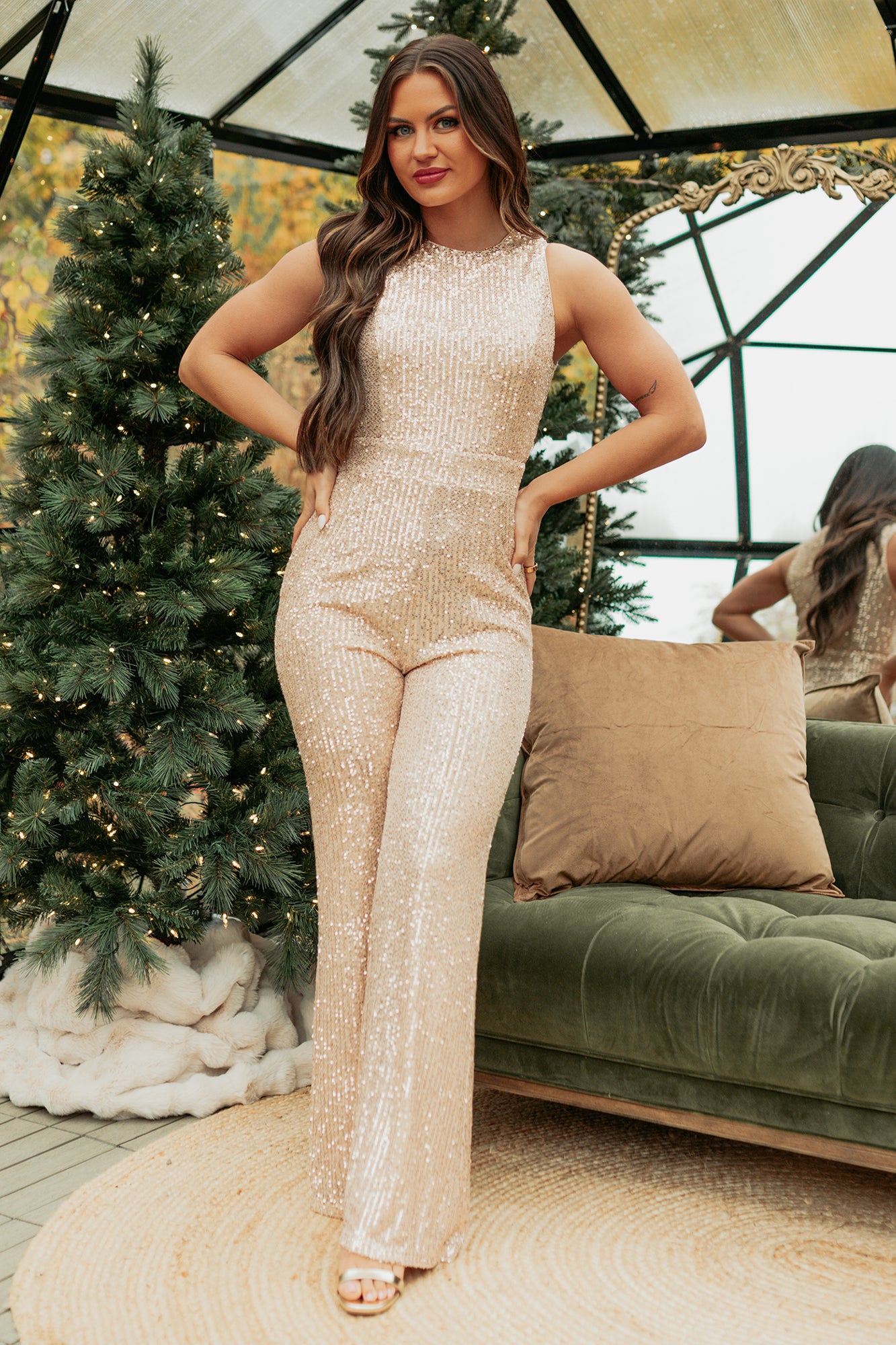 Pull It Together Sequin Sleeveless Wide Leg Jumpsuit (Rose Gold) - NanaMacs