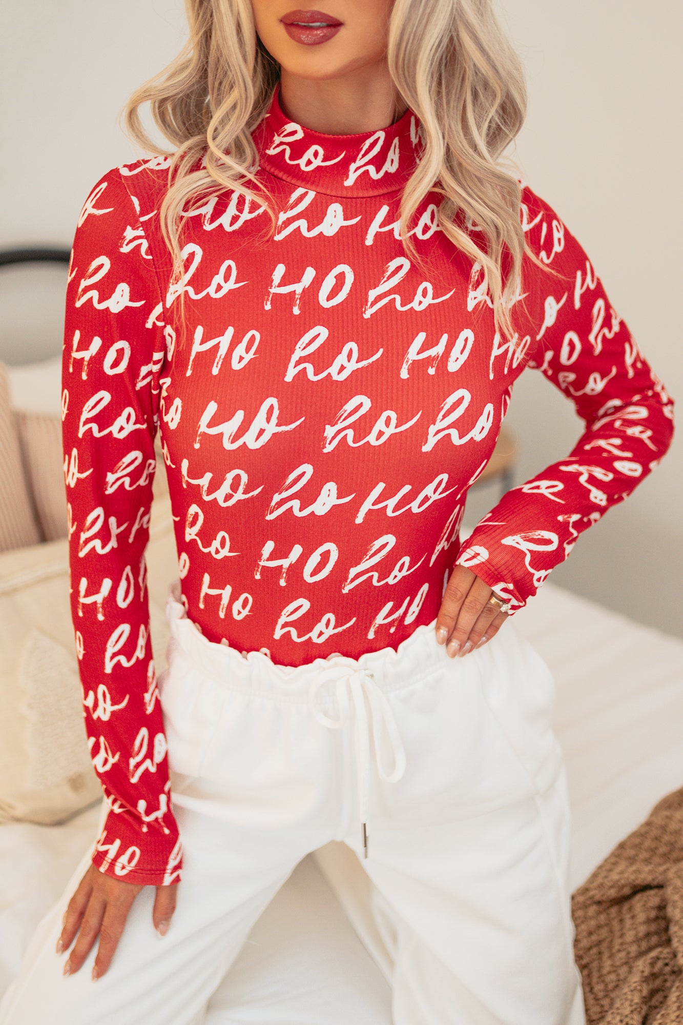 Santa's Helper Ribbed Mock Neck Bodysuit (Ho Ho Print)