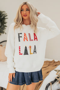 "FA LA LA LA" Embroidered Christmas Sweater (White) - NanaMacs