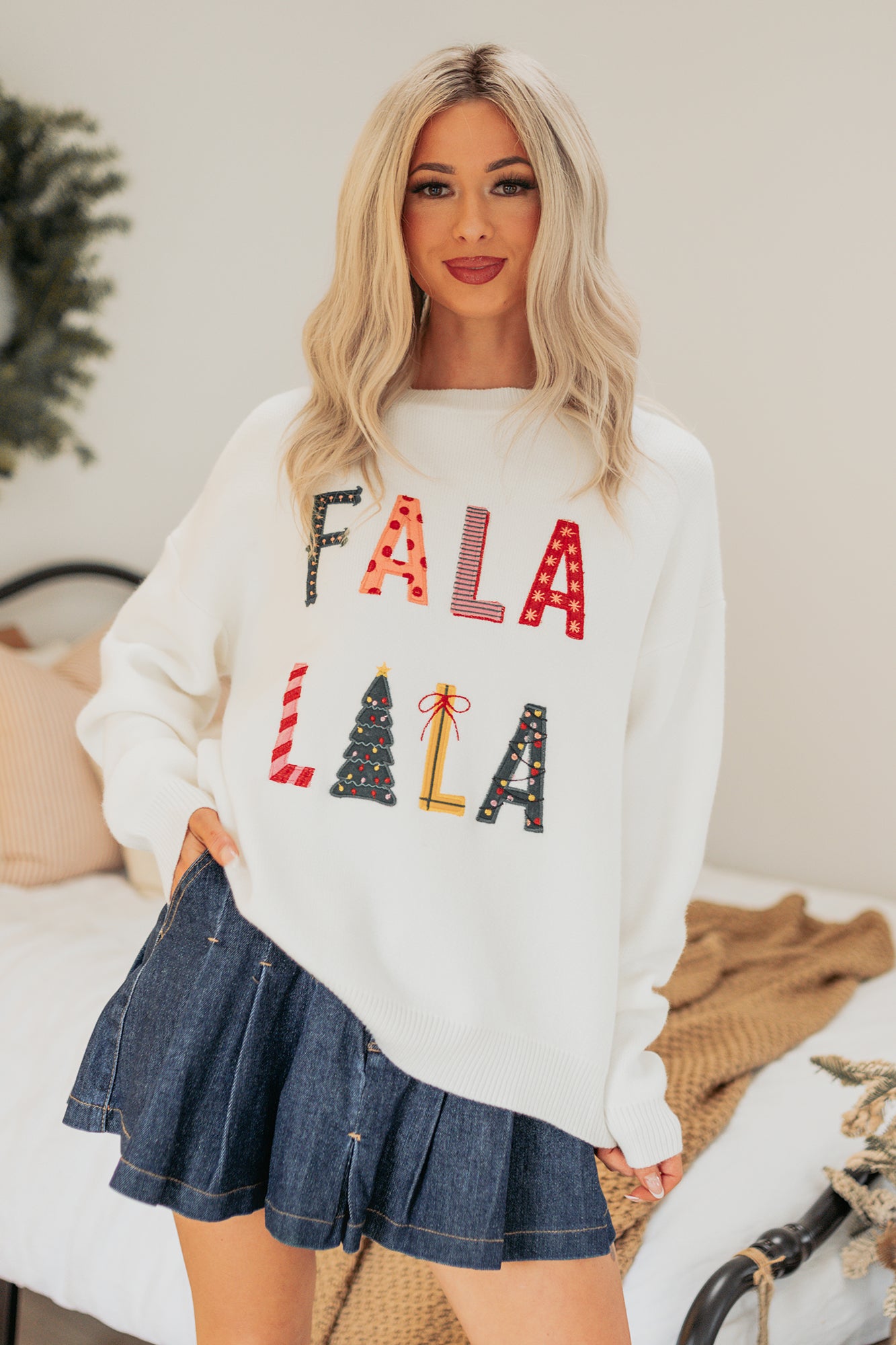 "FA LA LA LA" Embroidered Christmas Sweater (White) - NanaMacs