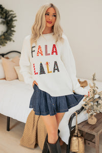 "FA LA LA LA" Embroidered Christmas Sweater (White) - NanaMacs