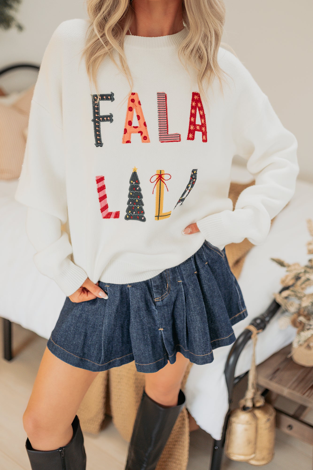 "FA LA LA LA" Embroidered Christmas Sweater (White) - NanaMacs