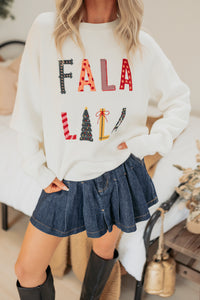 "FA LA LA LA" Embroidered Christmas Sweater (White) - NanaMacs