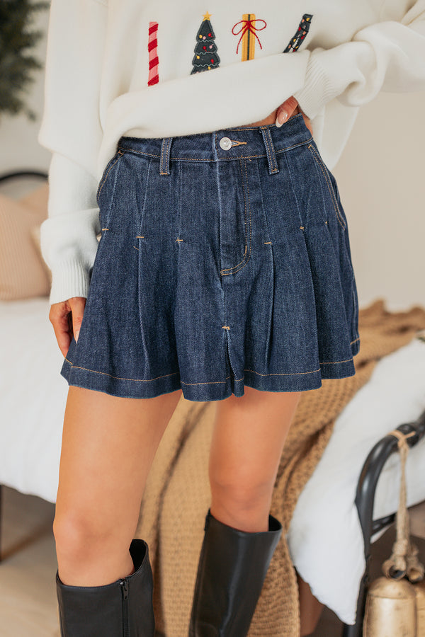 Could Be Us Pleated Glittery Denim Mini Skirt (Indigo)