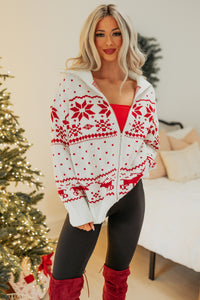 Winter Nest Fair Isle Zip-Up Sweater (White/Red) - NanaMacs