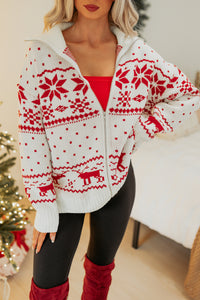 Winter Nest Fair Isle Zip-Up Sweater (White/Red) - NanaMacs