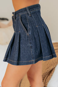 Could Be Us Pleated Glittery Denim Mini Skirt (Indigo) - NanaMacs