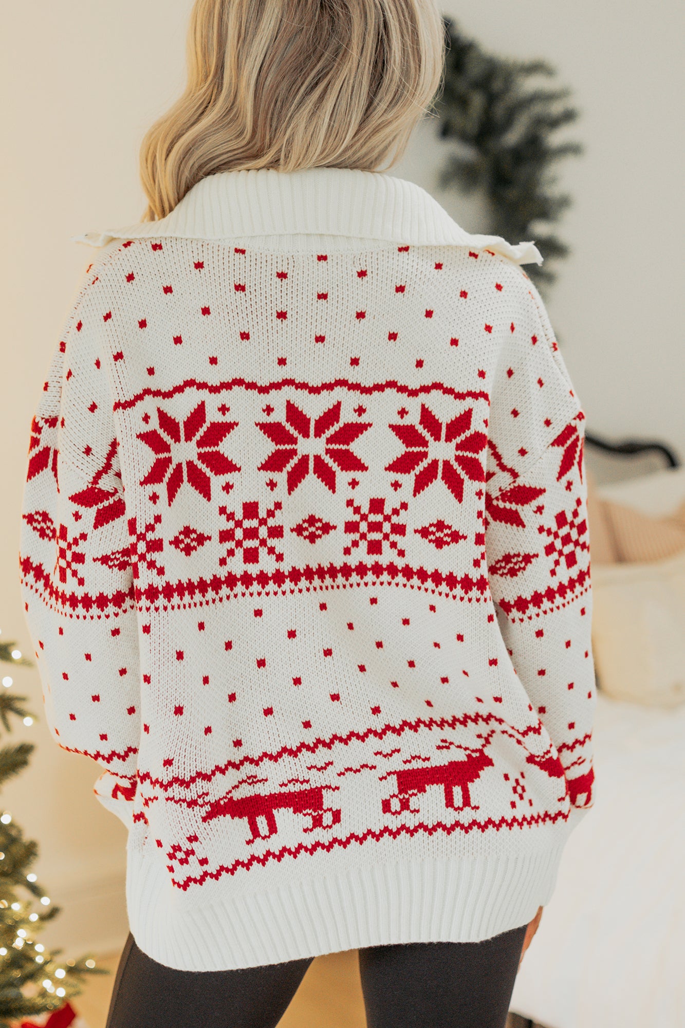Winter Nest Fair Isle Zip-Up Sweater (White/Red) - NanaMacs