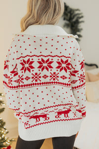 Winter Nest Fair Isle Zip-Up Sweater (White/Red) - NanaMacs