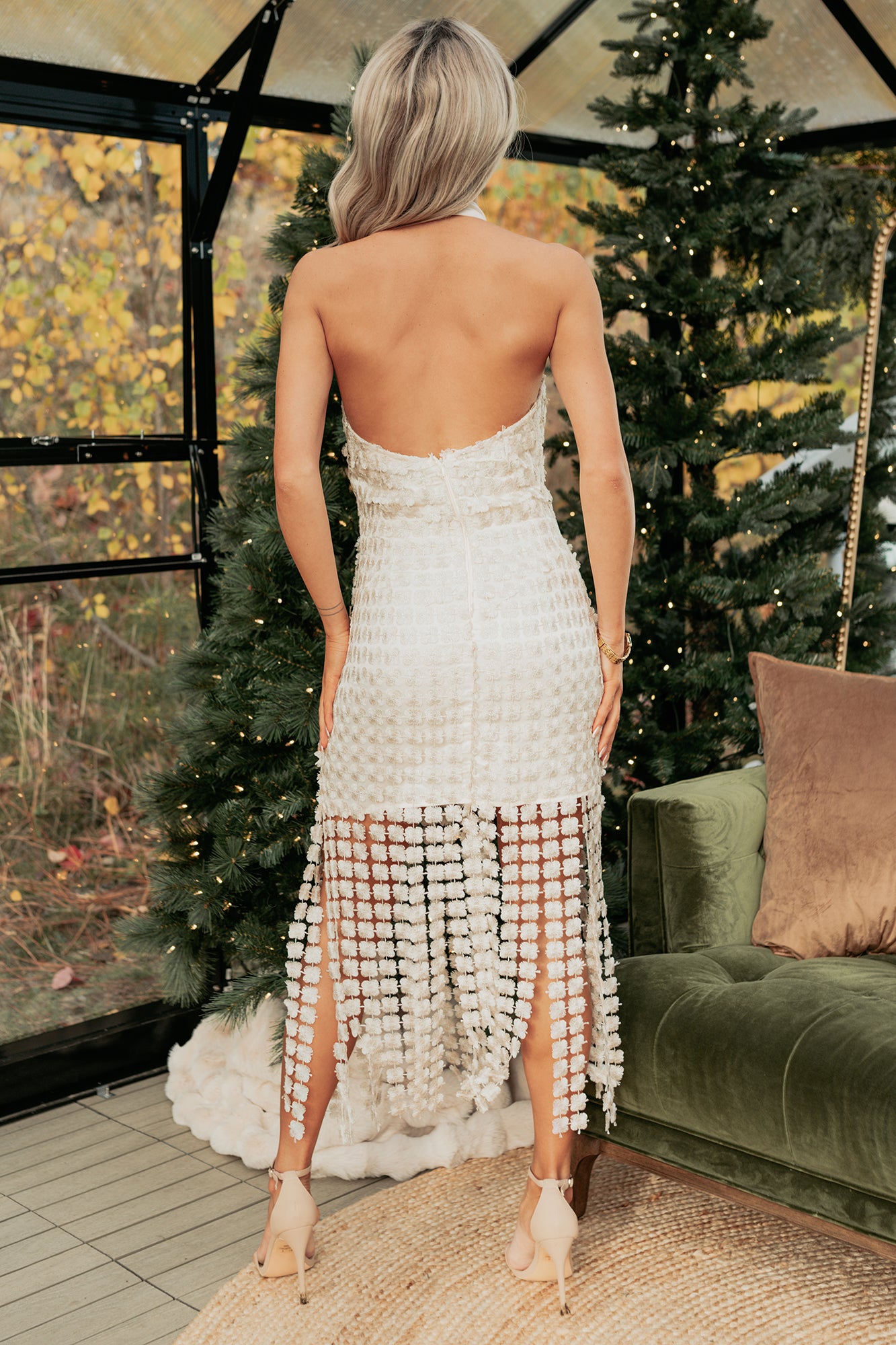 Starry Night Floral Crochet Overlay Halter Midi Dress (Champagne) - NanaMacs