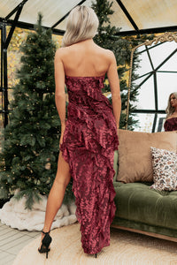 Rosy Mood Strapless Velvet Floral Maxi Dress (Wine) - NanaMacs