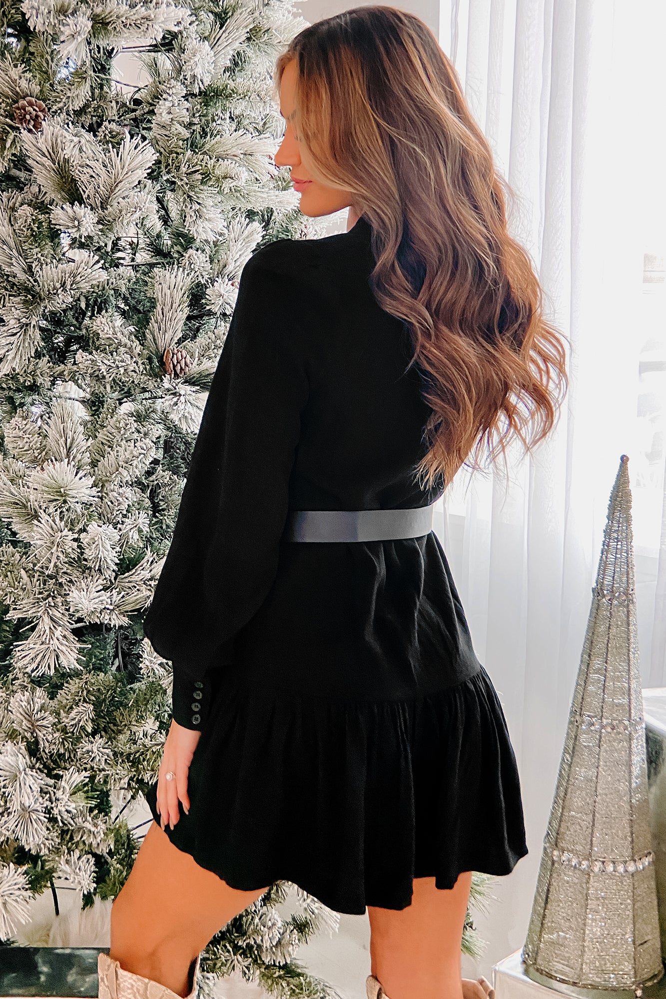 Growing Closer Long Sleeve Belted Linen Dress (Black) - NanaMacs