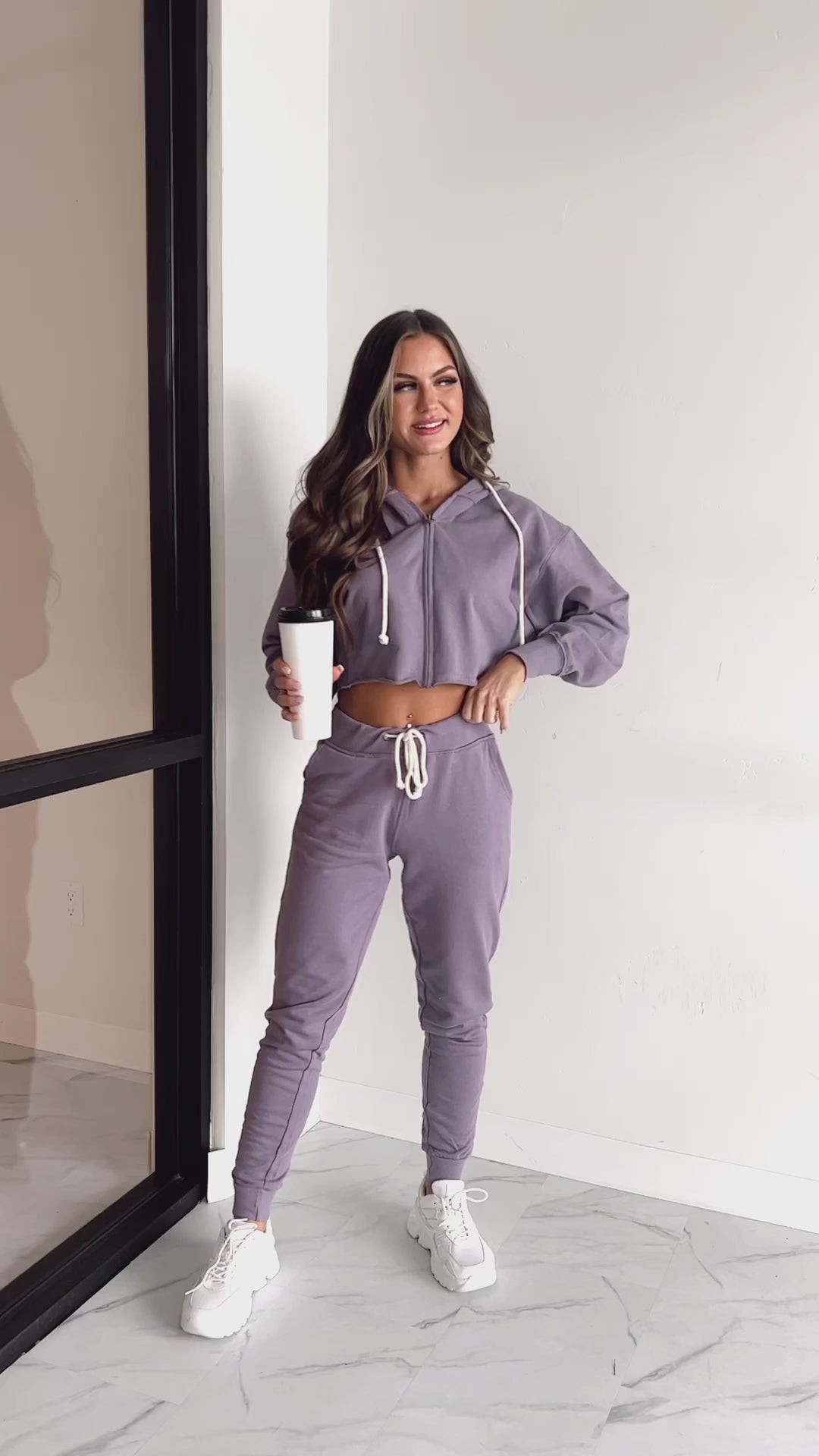 Comfortably Cool Zip-Front Crop Hoodie & Jogger Set (Dusty Purple) - NanaMacs
