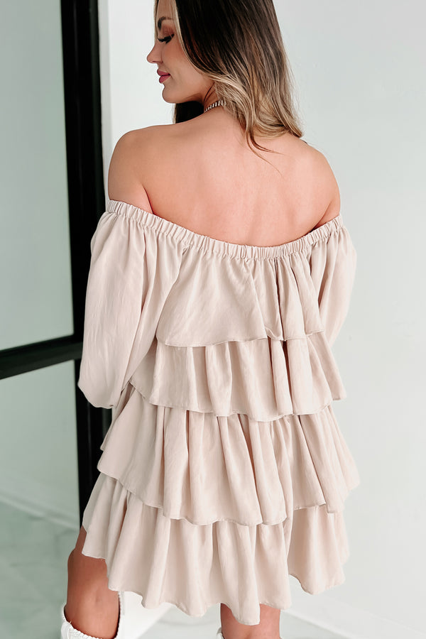 Insatiable Feeling Off The Shoulder Ruffle Mini Dress (Light Taupe) - NanaMacs