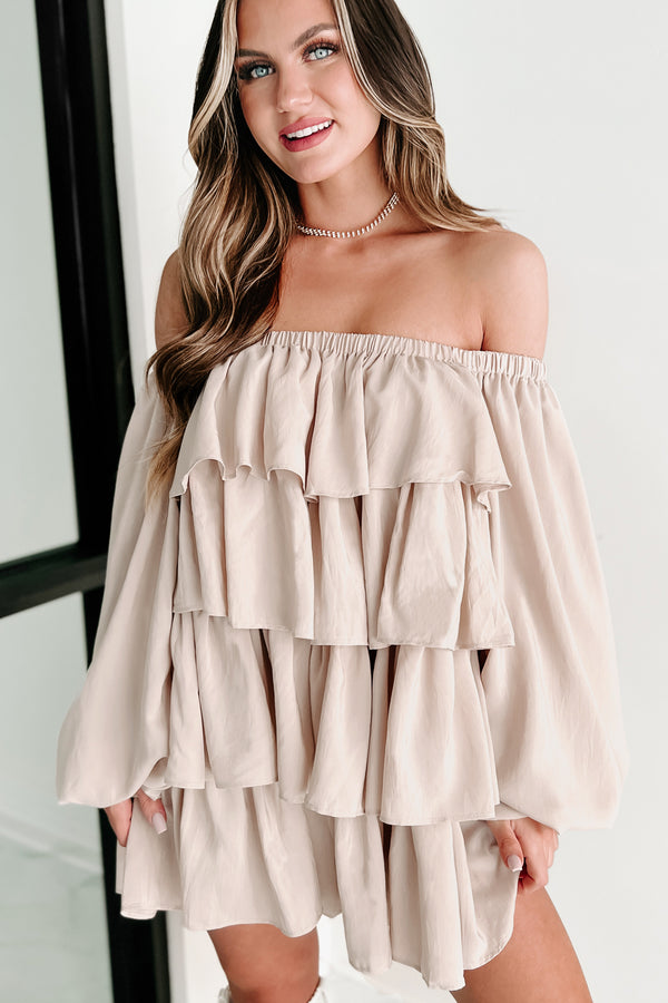 Insatiable Feeling Off The Shoulder Ruffle Mini Dress (Light Taupe) - NanaMacs