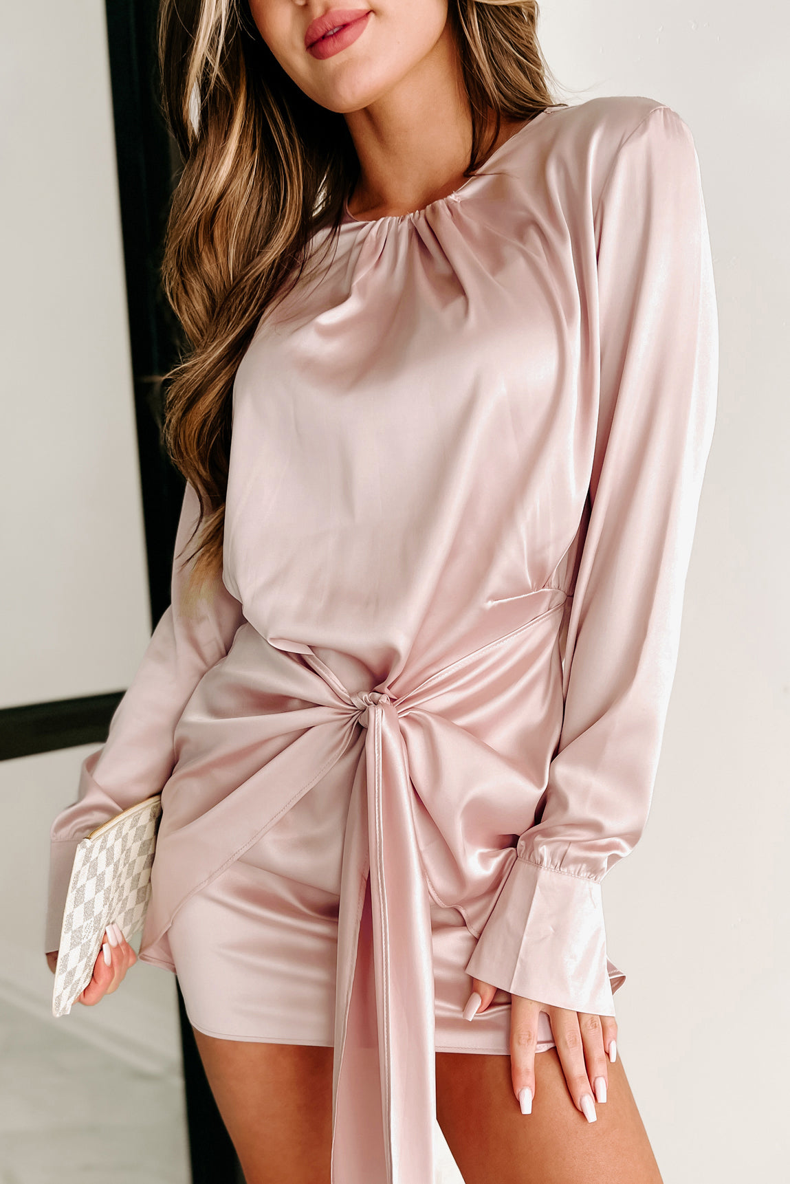 Elegant Essence Tie-Waist Satin Mini Dress (Pink) - NanaMacs