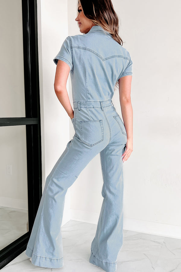 Repeat The Past Flared Denim Jumpsuit (Light Denim) - NanaMacs