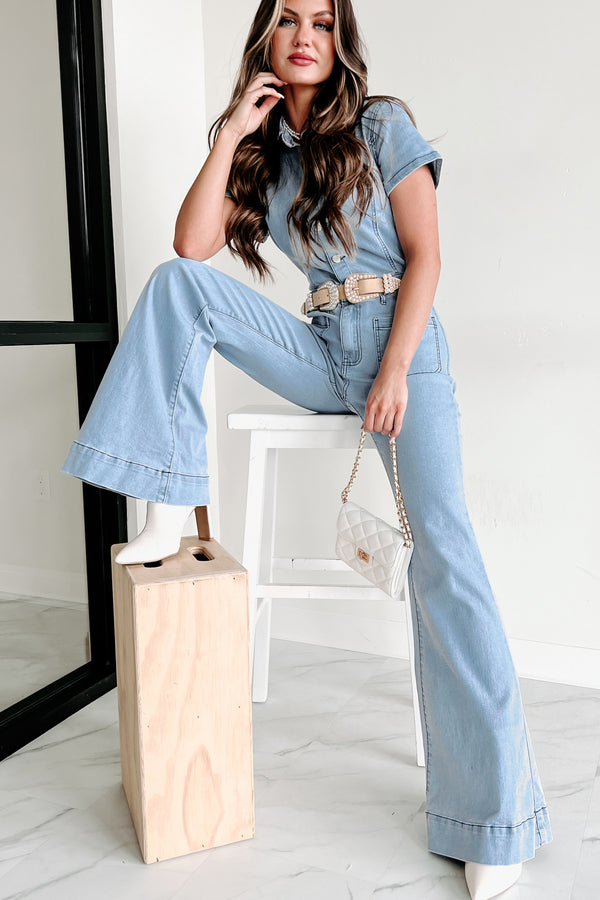 Repeat The Past Flared Denim Jumpsuit (Light Denim) - NanaMacs