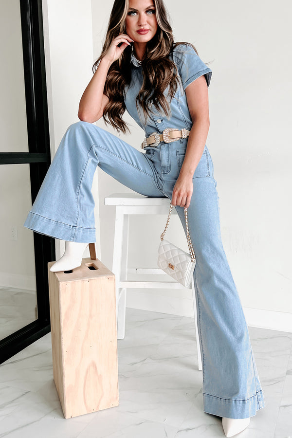 Repeat The Past Flared Denim Jumpsuit (Light Denim) - NanaMacs