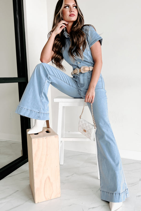 Repeat The Past Flared Denim Jumpsuit (Light Denim) - NanaMacs