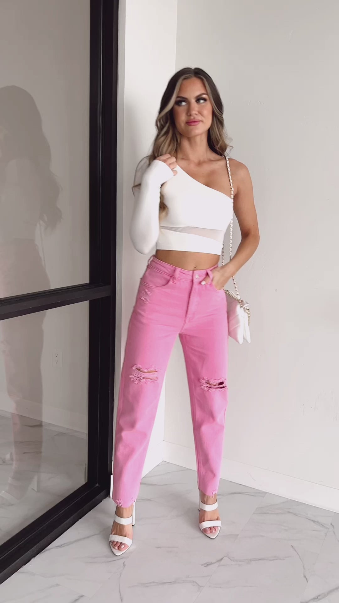 Looking For A Change High Rise Distressed Straight Leg Jeans (Pink) - NanaMacs