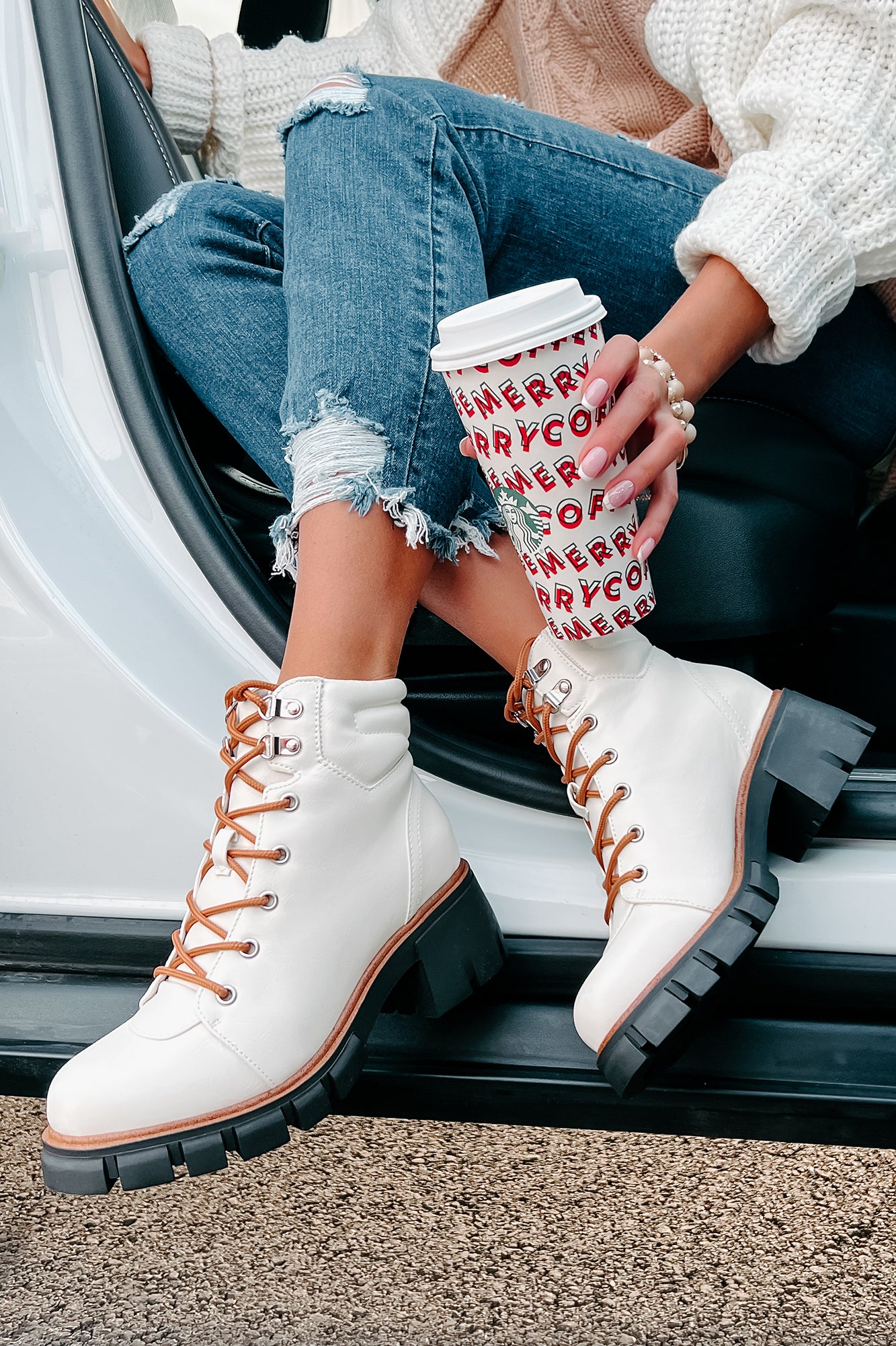IMPERFECT Ready To Explore Chunky Lace-Up Boots (Off White) - NanaMacs