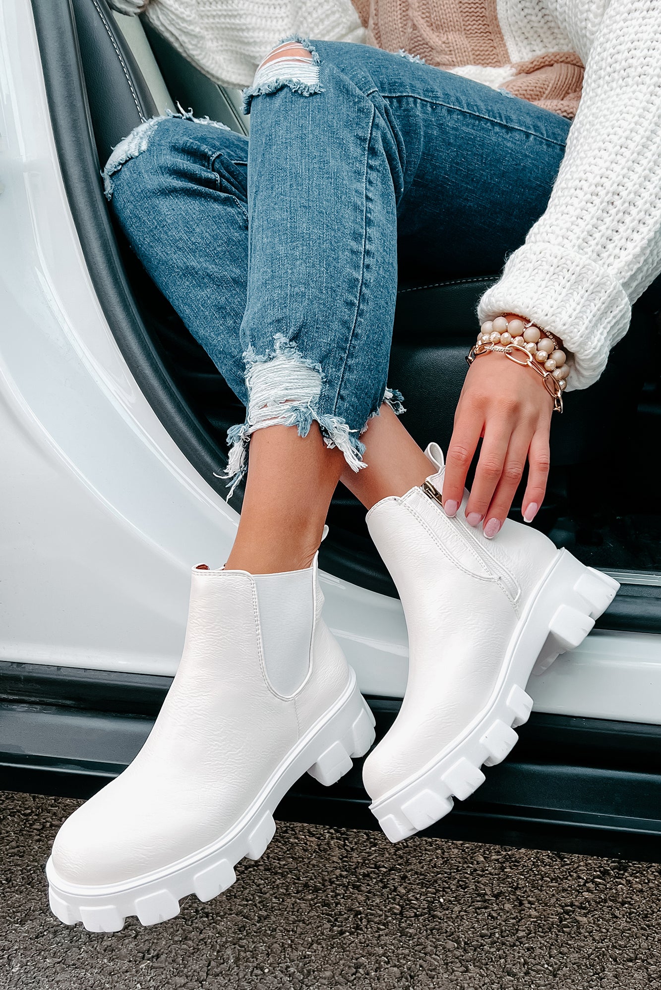 New Paths Faux Leather Chunky Sole Booties (White PU) - NanaMacs