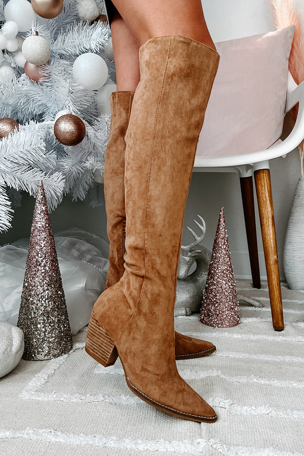 Arisa Faux Suede Over The Knee Boots (Taupe) - NanaMacs