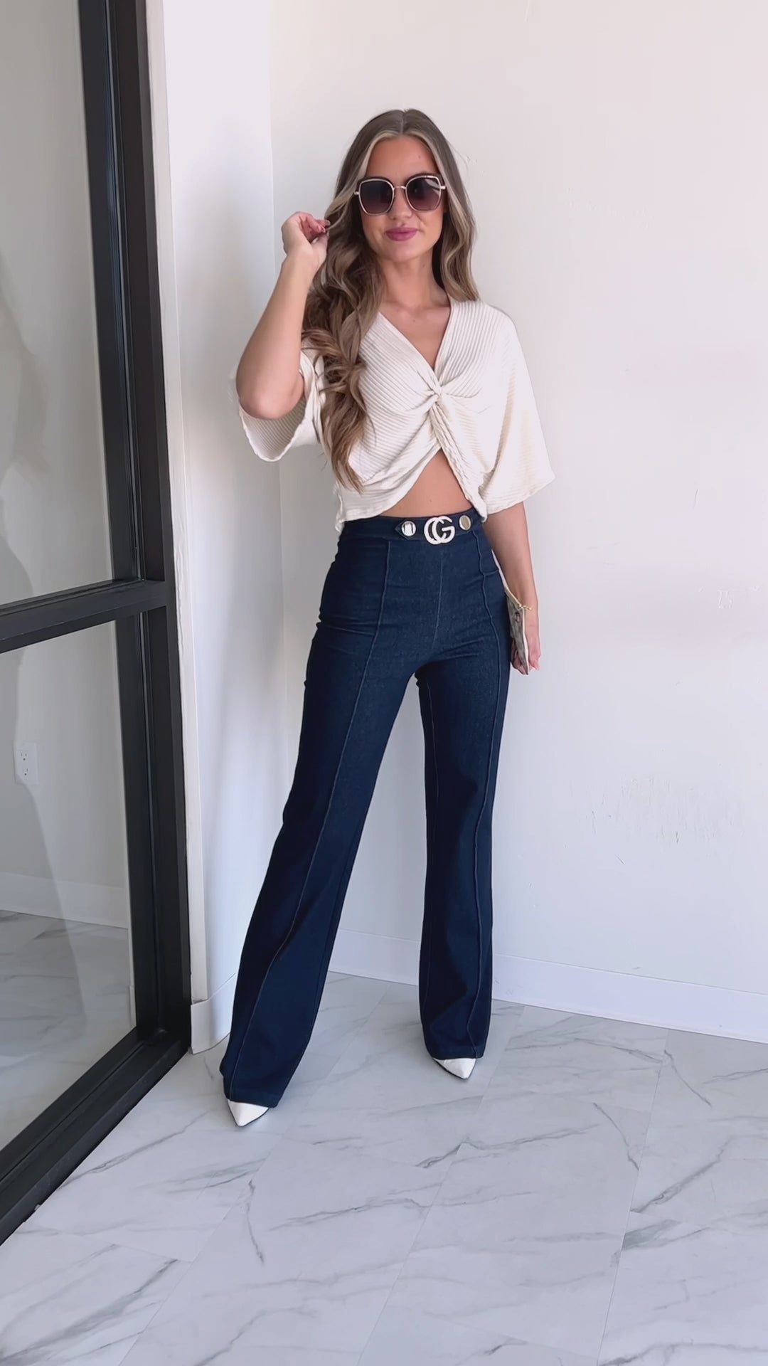Talk To Me Belted Wide Leg Pants (Navy)