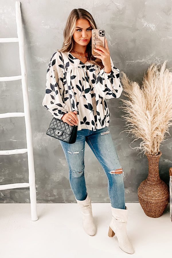 Foliage Is Power Leaf Printed Long Sleeve Top (Cream/Black) - NanaMacs