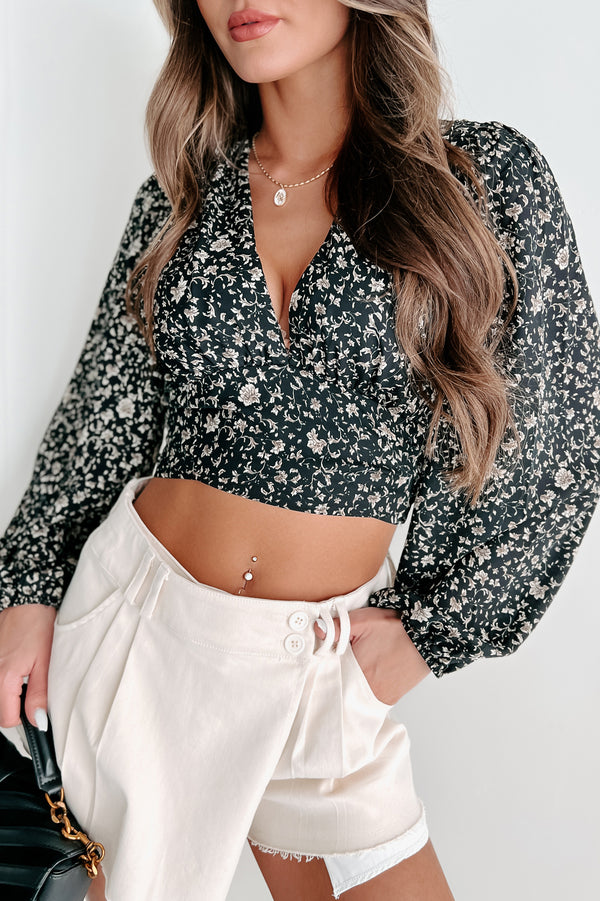 Fallen Petals Floral Tie-Back Crop Top (Black) - NanaMacs