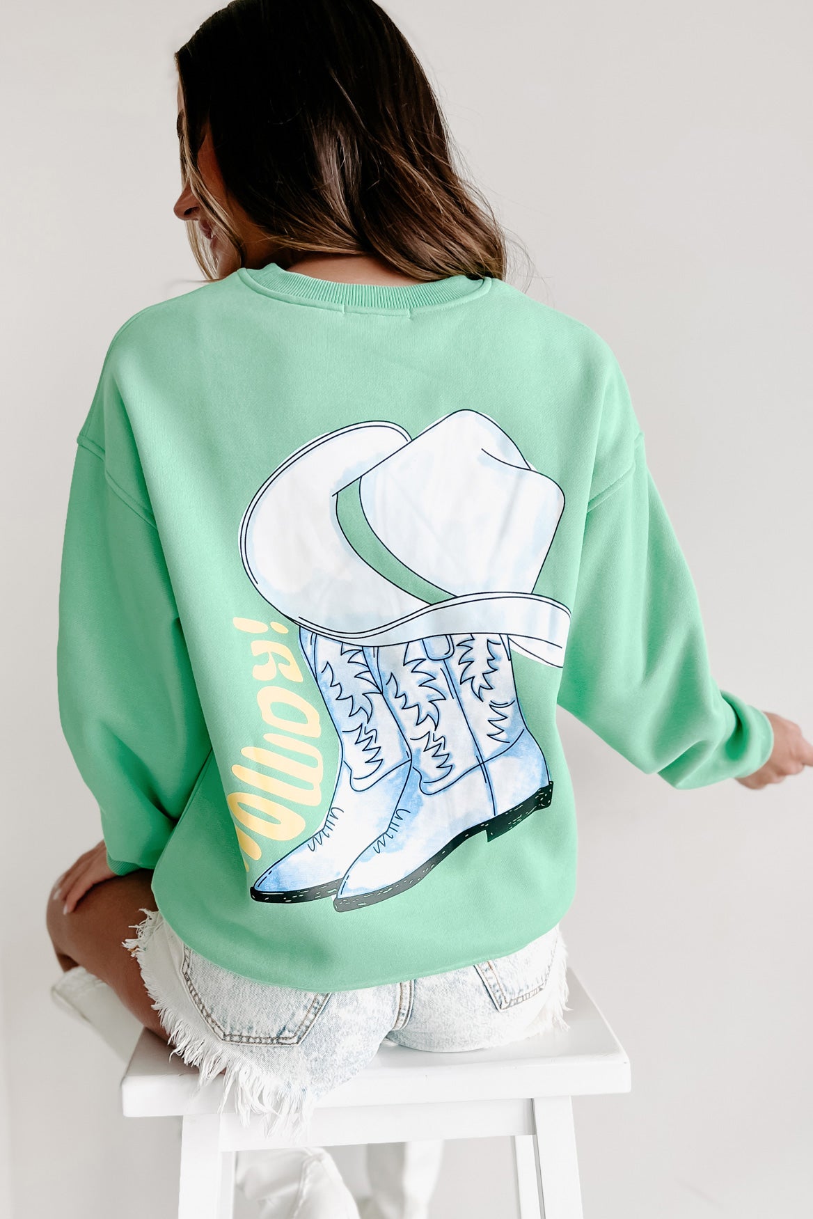 Howdy Cowboy Double-Sided Graphic Crewneck Sweatshirt (Pistachio)