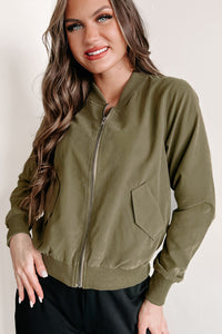 Just Between Us Faux Suede Bomber Jacket (Olive) - NanaMacs