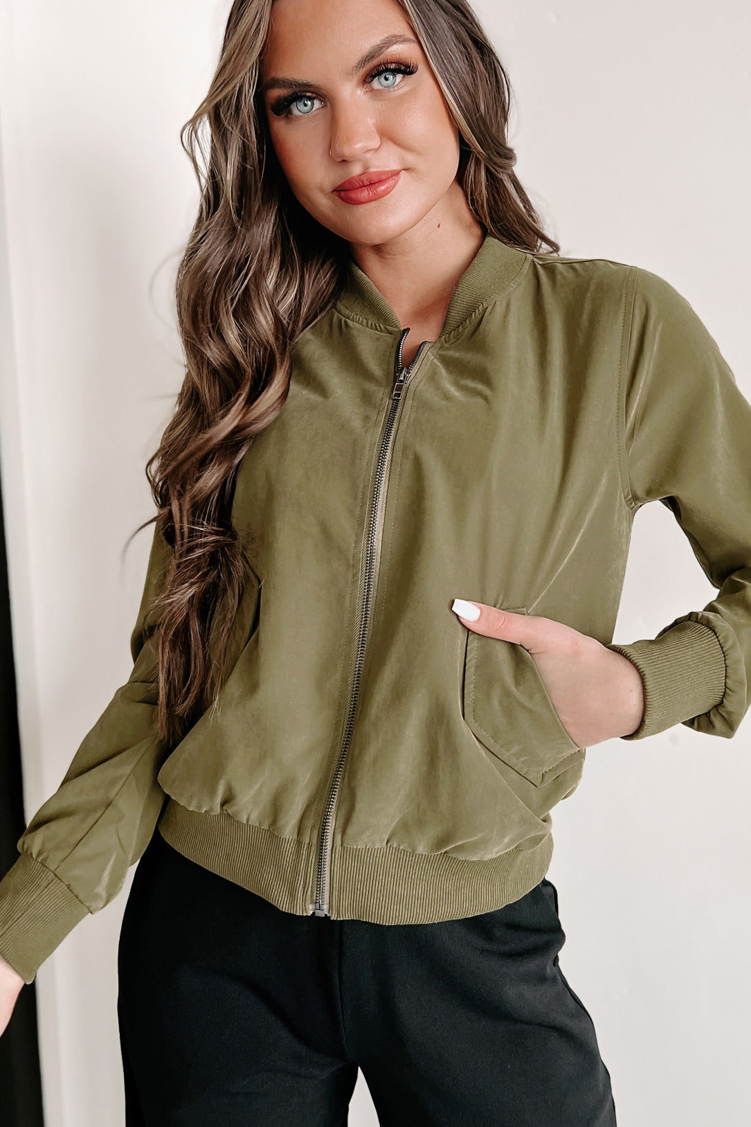 Just Between Us Faux Suede Bomber Jacket (Olive) - NanaMacs