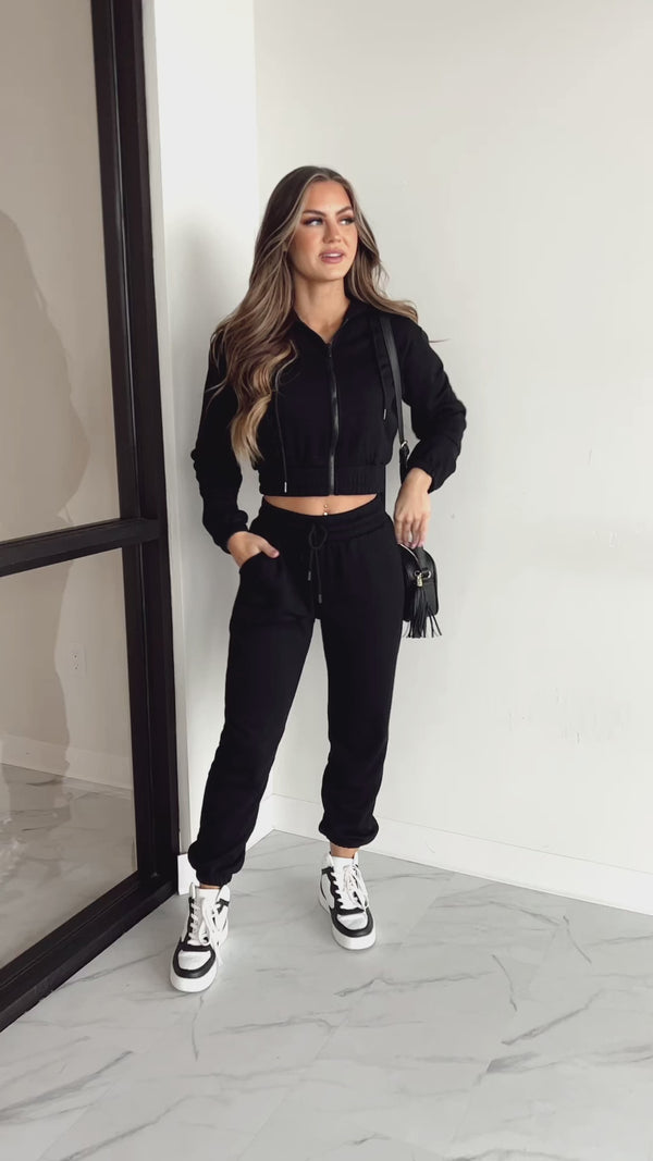 Just Playing Around Zip-Up Hoodie & Joggers Set (Black) - NanaMacs