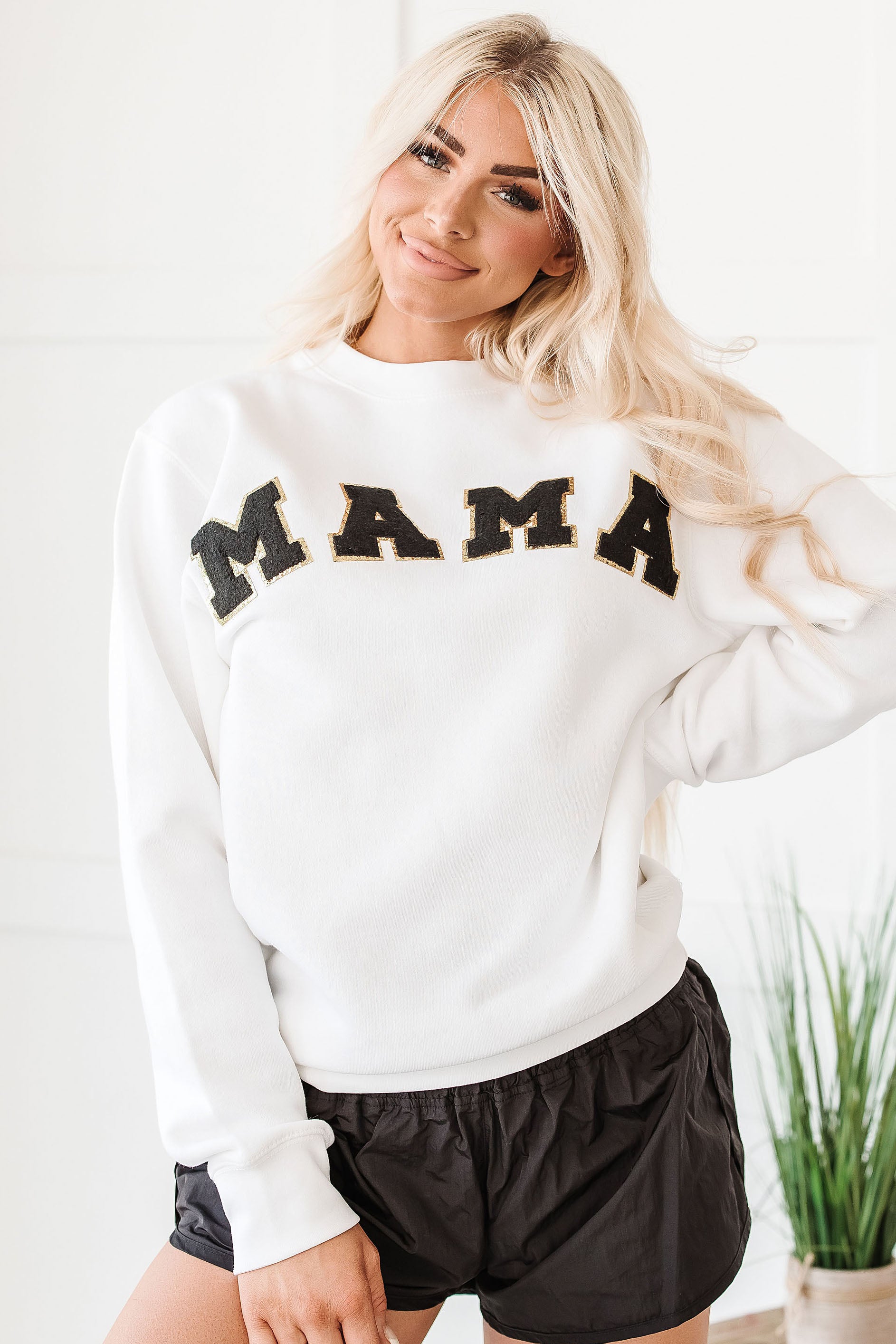 You Go Mama NanaMacs Original Varsity Patch Mama Crewneck Sweatshirt (White) - NanaMacs