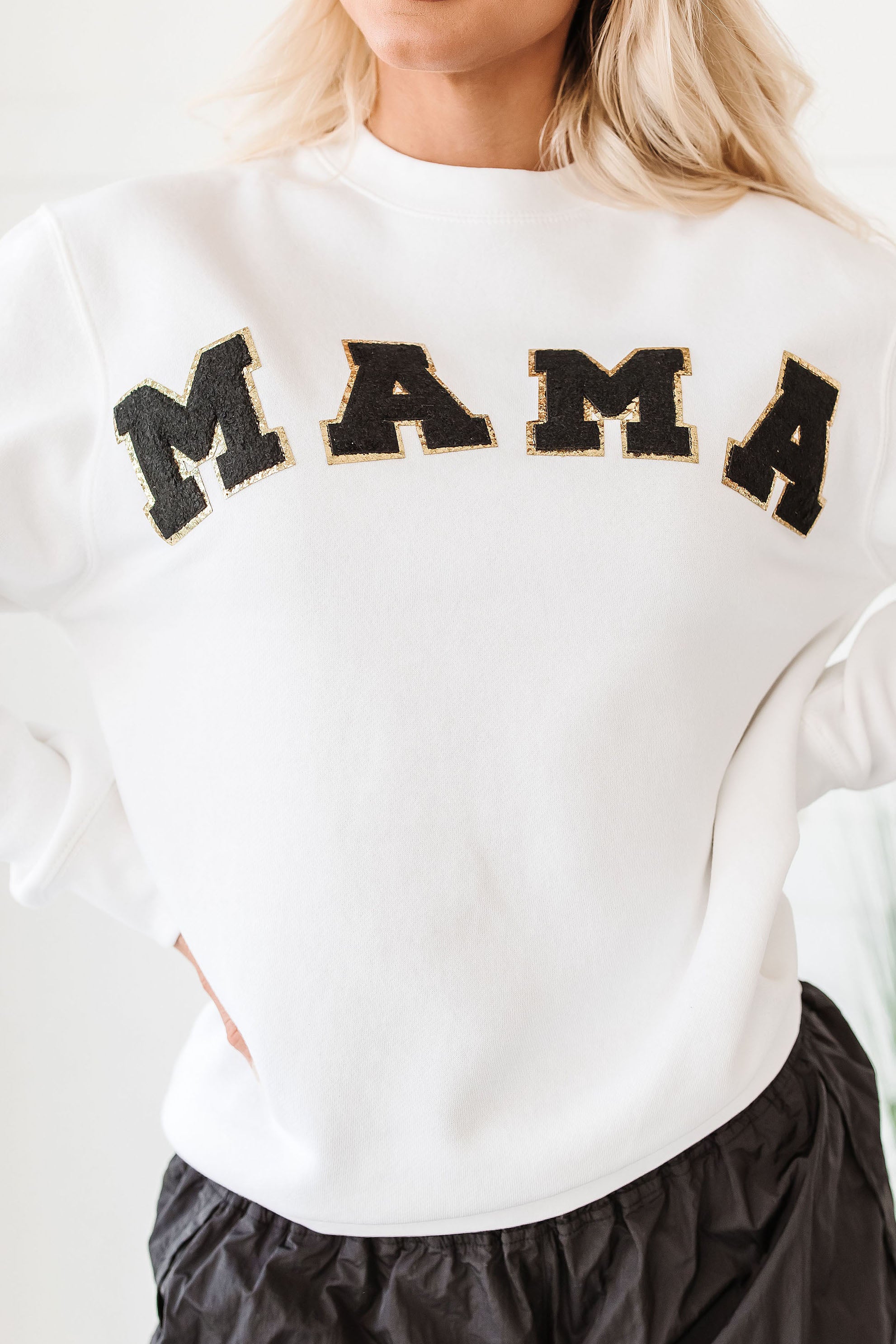 You Go Mama NanaMacs Original Varsity Patch Mama Crewneck Sweatshirt (White) - NanaMacs
