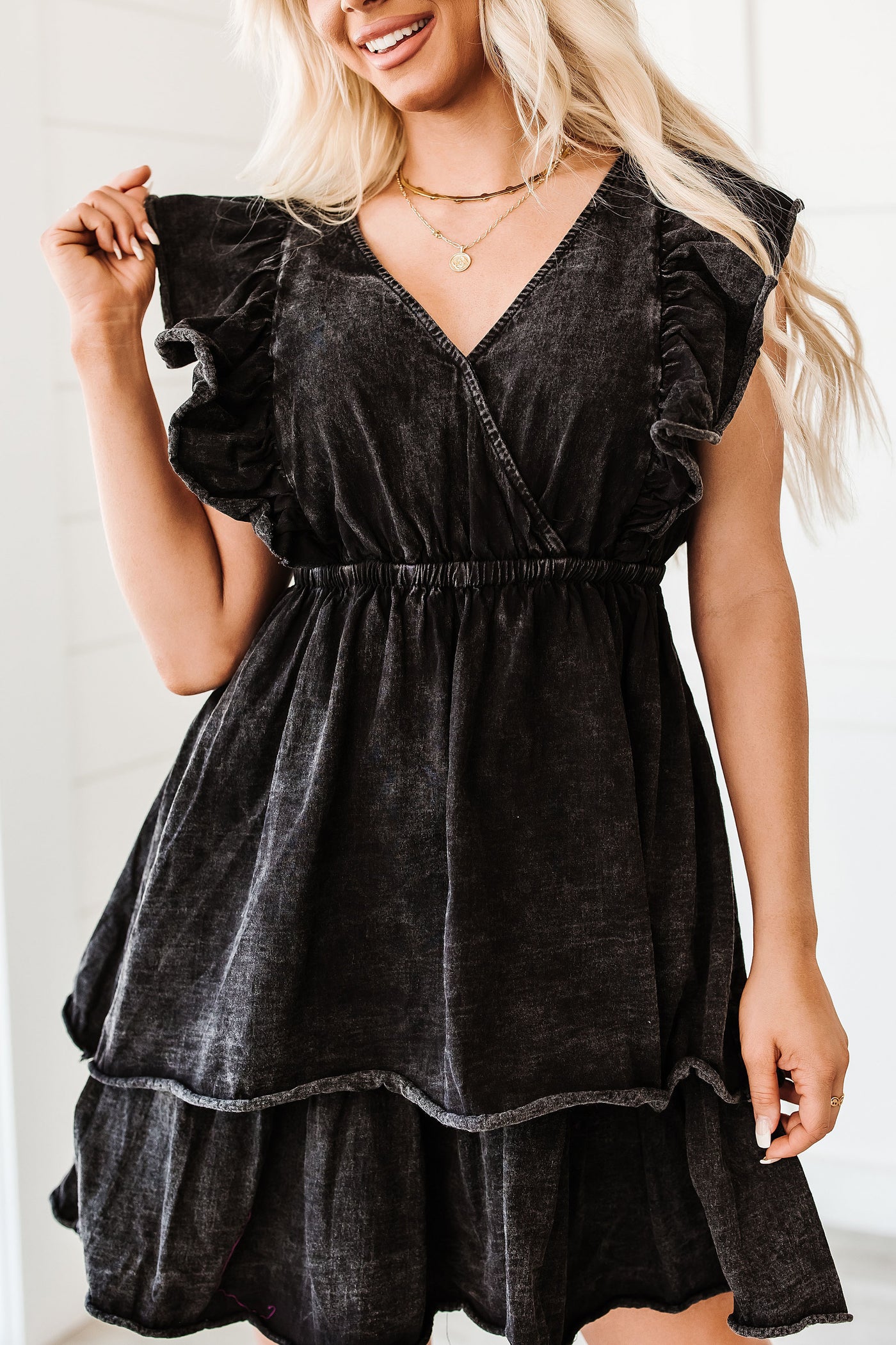 Sariya Flutter Sleeve Mini Dress (Washed Black) - NanaMacs