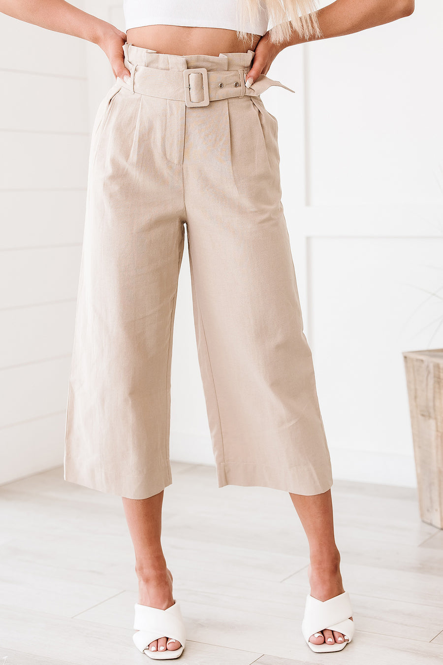 Honorable Intentions Wide Leg Crop Linen Pants (Khaki) - NanaMacs