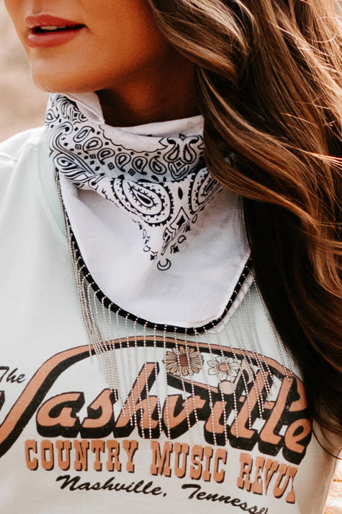 Honky Tonk Attitude Chain Fringe Bandana Scarf (White) - NanaMacs