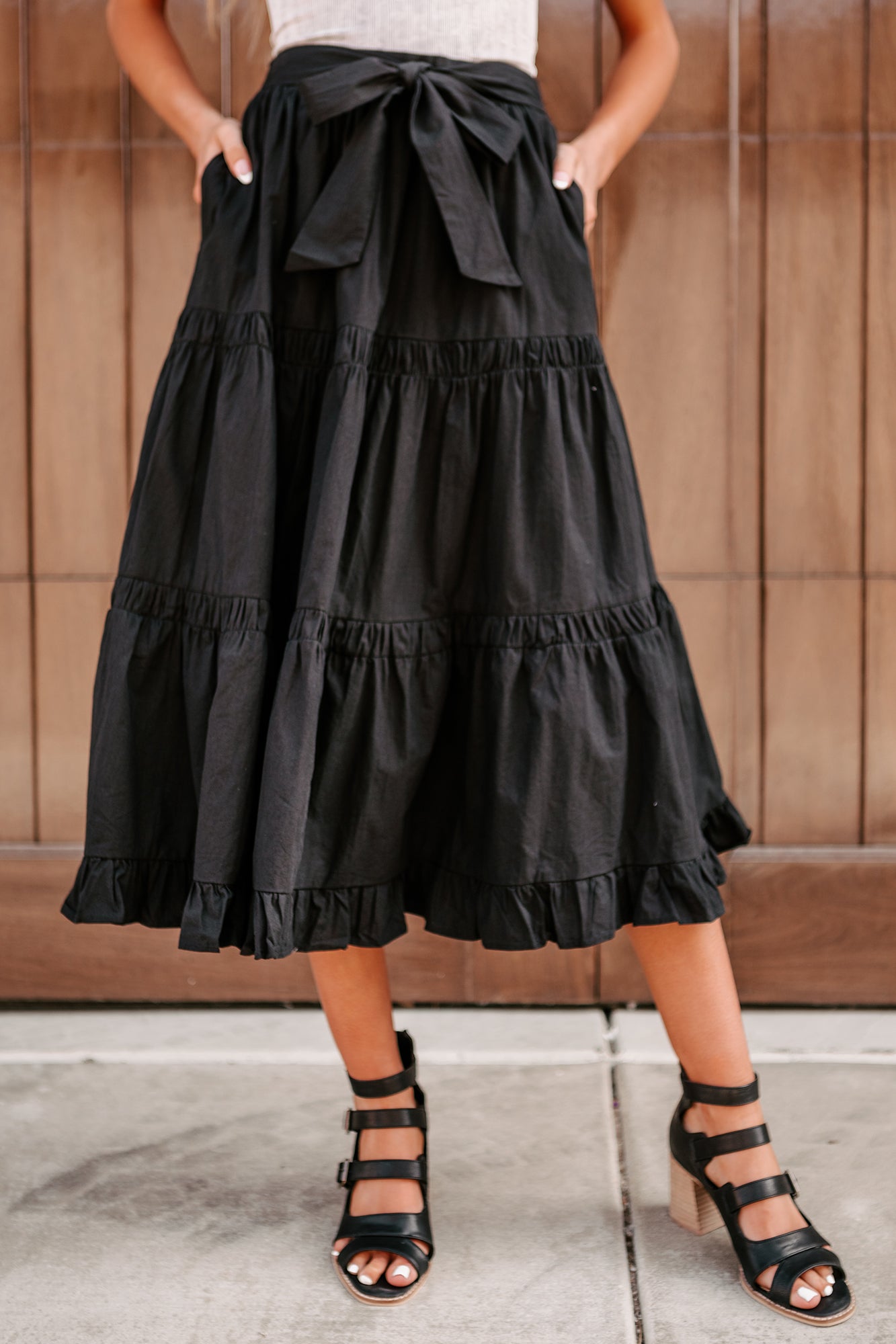 My Own Reality Tie Waist Shirred Midi Skirt (Black) - NanaMacs